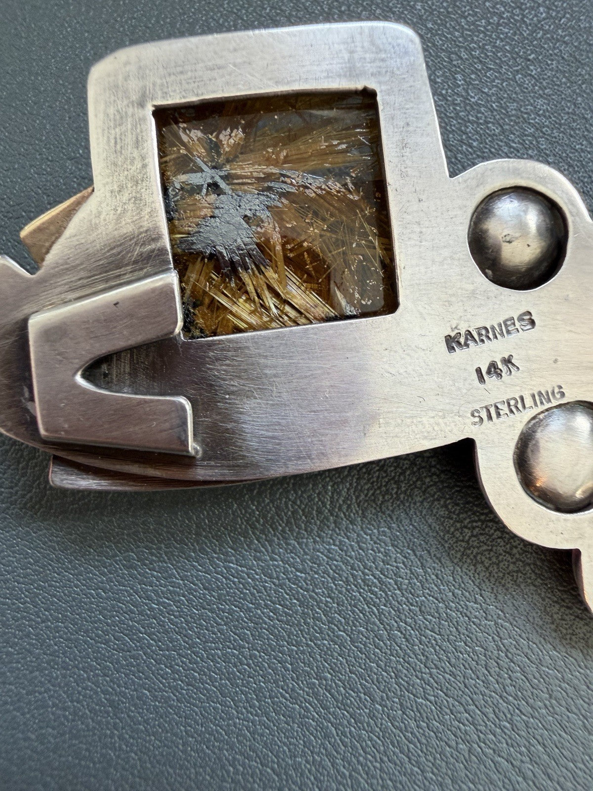 Patricia Karnes Stinson 14K Sterling Silver Rutilated Quartz Brutalist Brooch