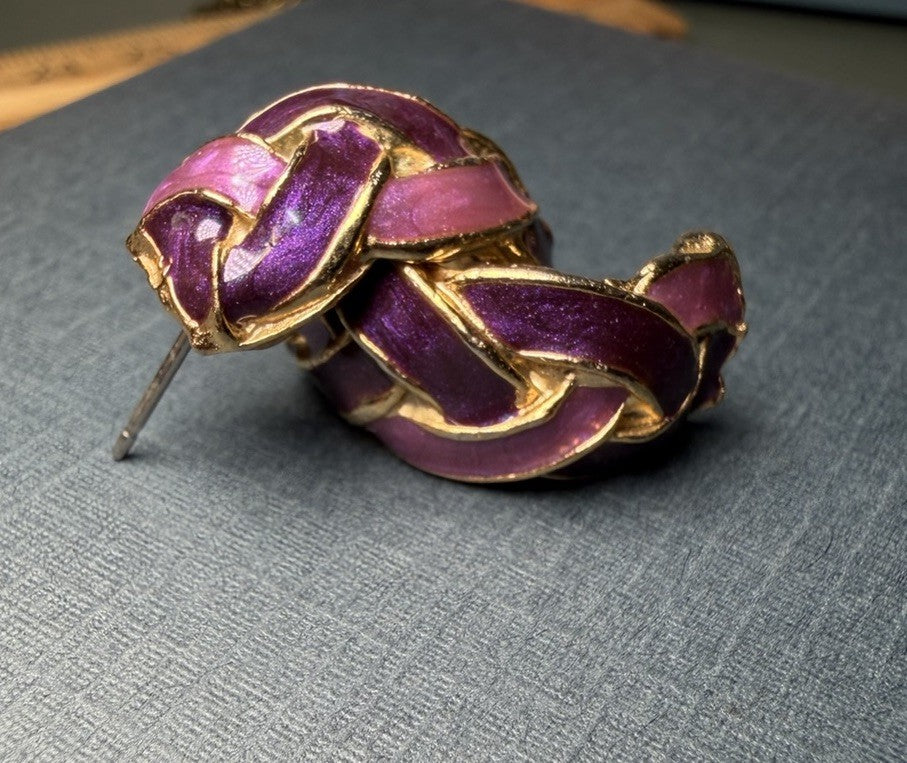 Vintage Purple & Pink Enamel Pierced Earrings, SIGNED Made In USA