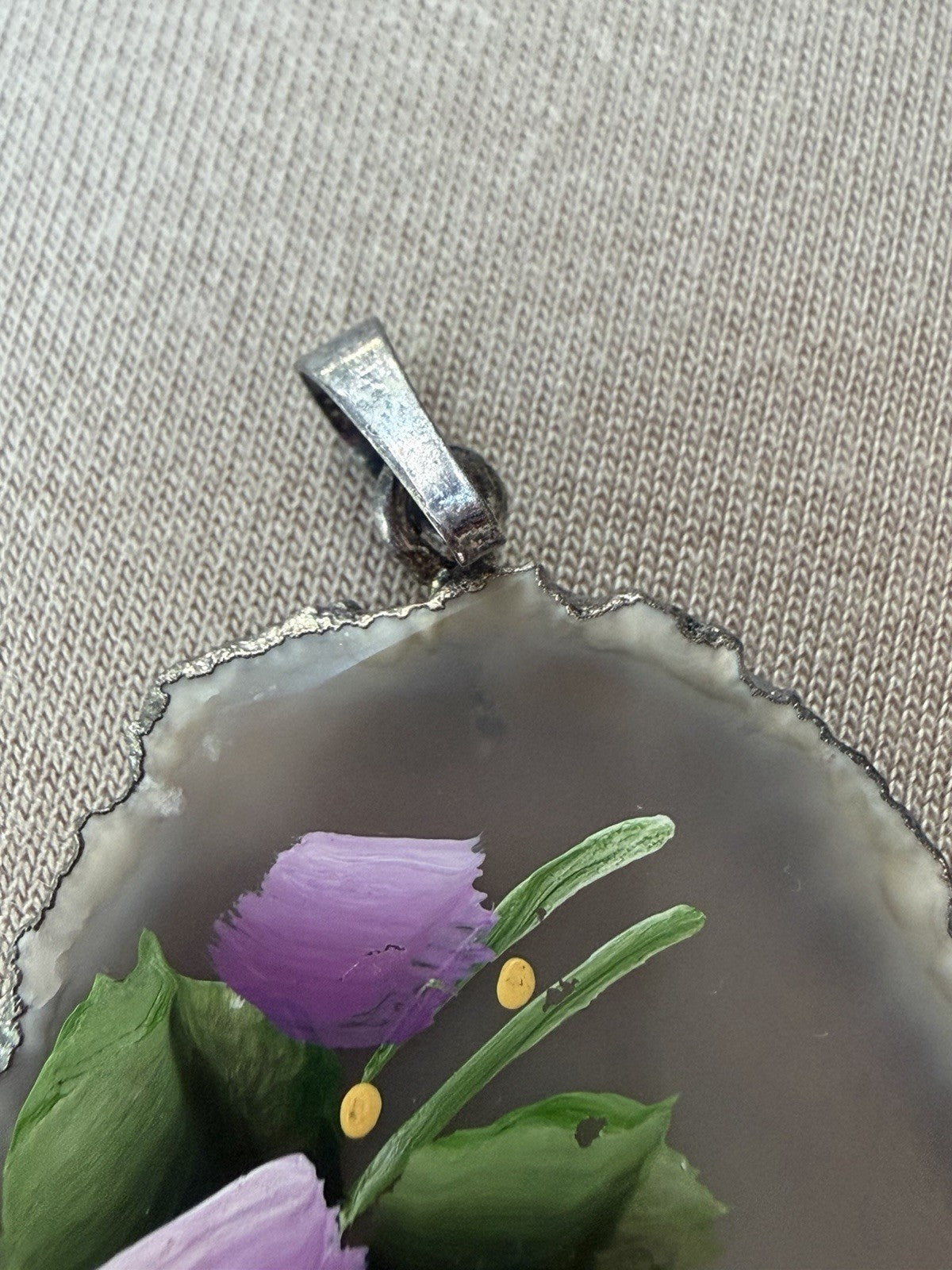 Hand Painted Polished Agate Slab Silver Purple Blue Flowers Pendant