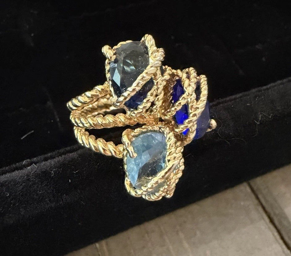  Gold toned Ring with  Blue Gemstones Rope Design, Size 7