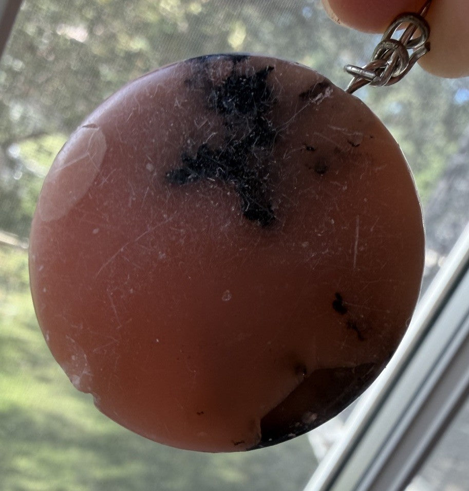 Round Pink Rhodonite Handmade Necklace Pendant Wire Wrapped Pendant