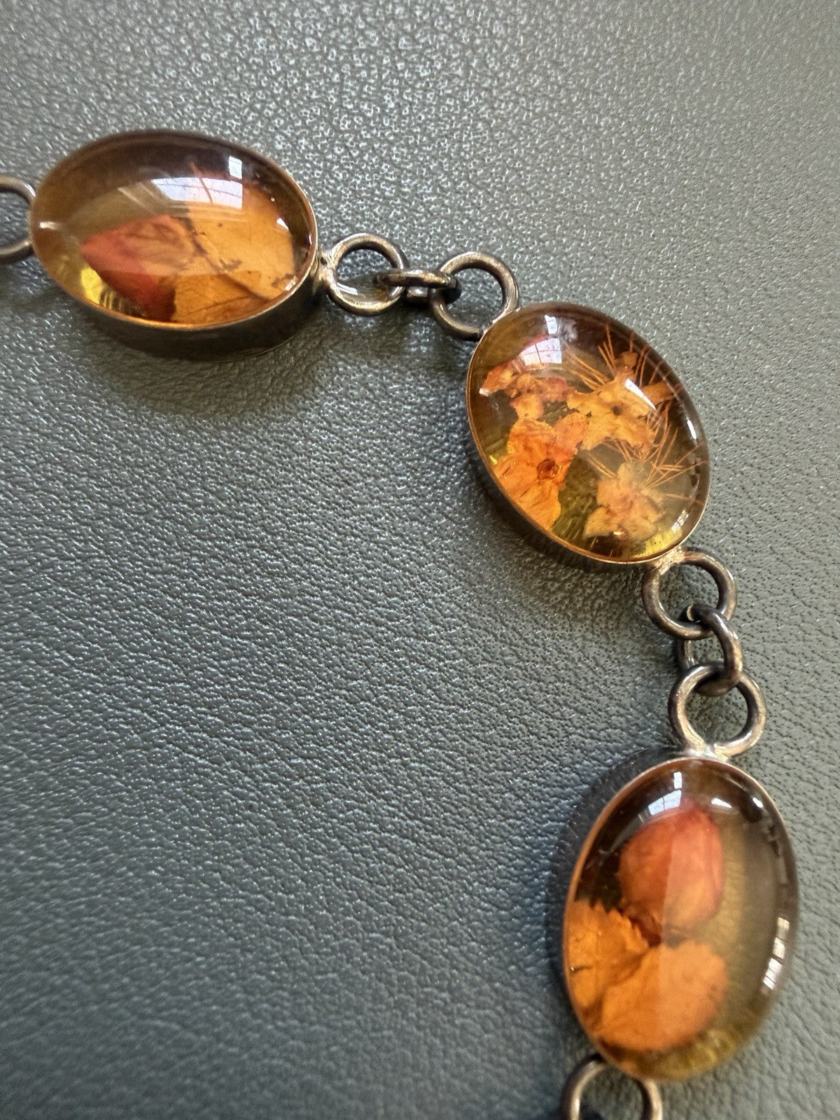 STERLING SILVER 925 Embedded Dried Flower Link Bracelet.