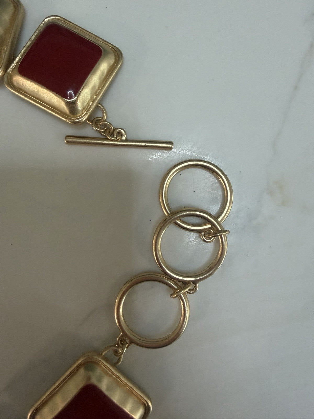Vintage Red Cabochon Gold Tone Square Link Toggle Bracelet Statement Jewelry