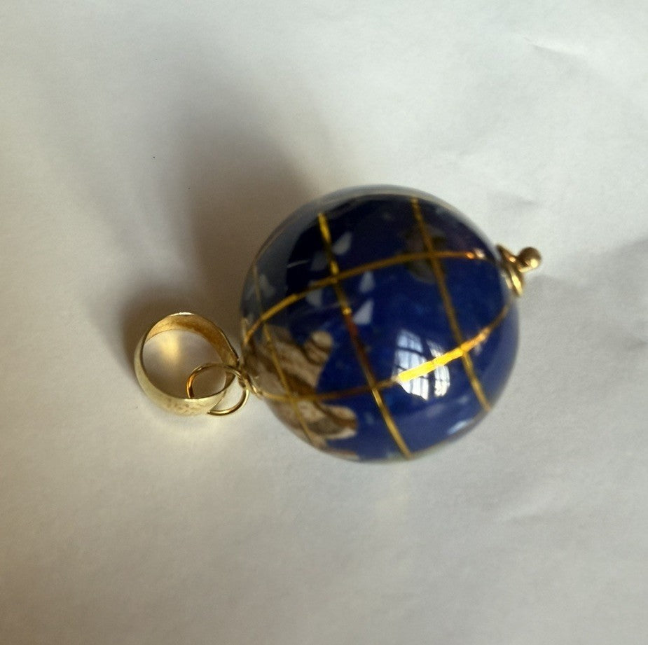14 Karat Yellow Gold Multi Gemstone Inlay Globe World Pendant Free Shipping