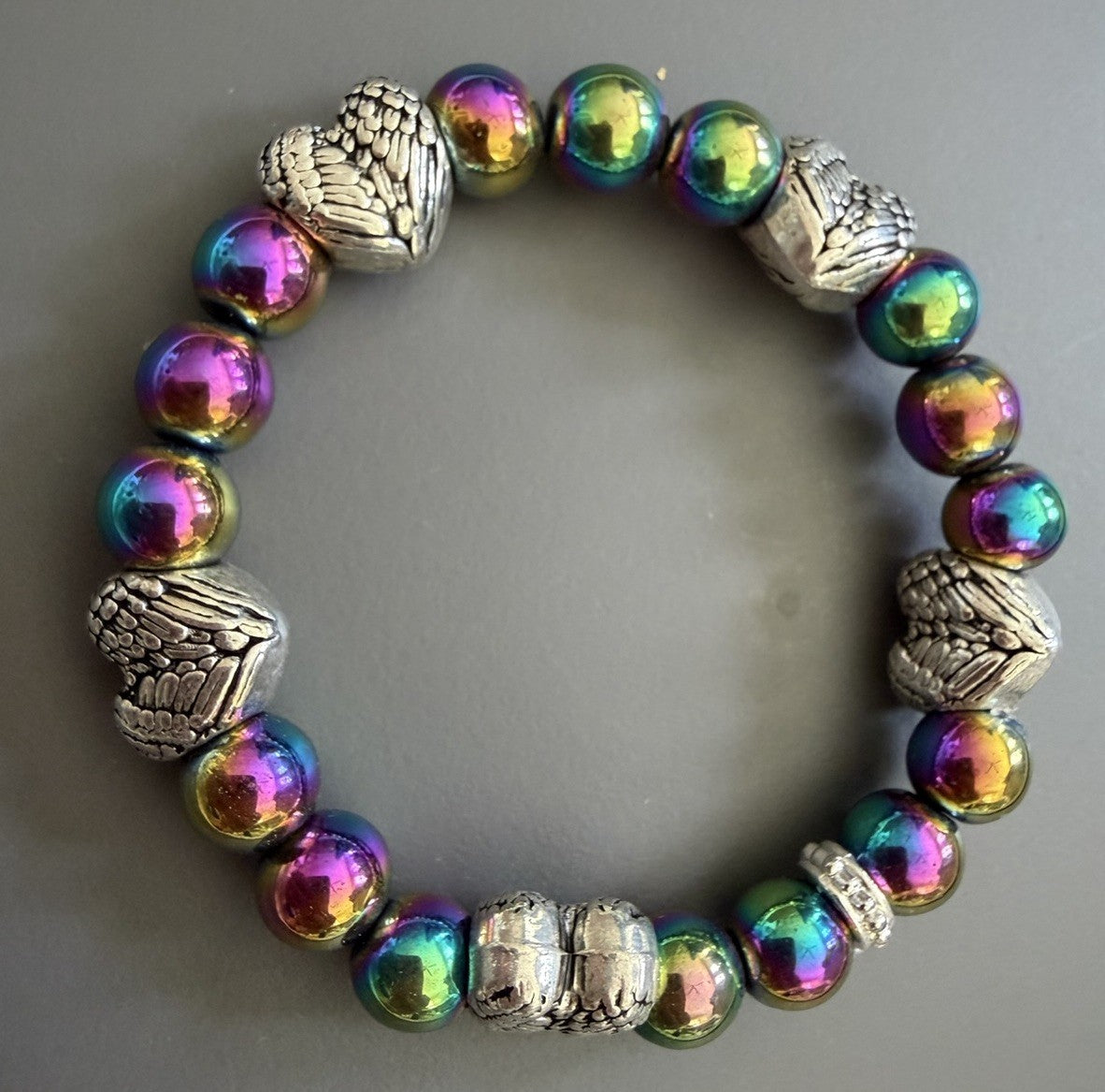 Smaller Rainbow Hematite & Heart Bead Bracelet