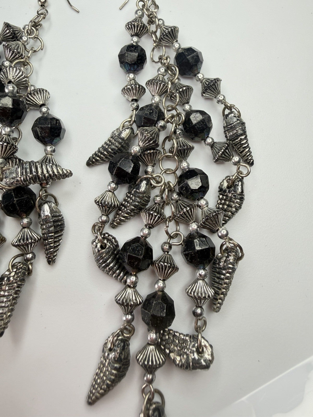 Chandelier Silver Tone Black Bead String Drop Dangle Pierced Earrings -  New
