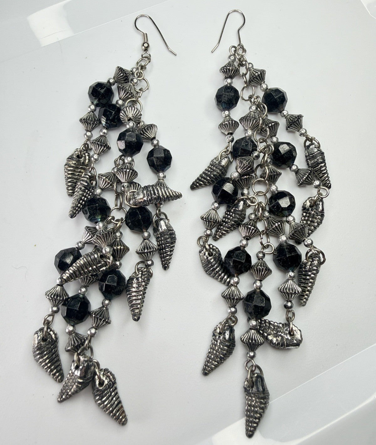 Chandelier Silver Tone Black Bead String Drop Dangle Pierced Earrings -  New