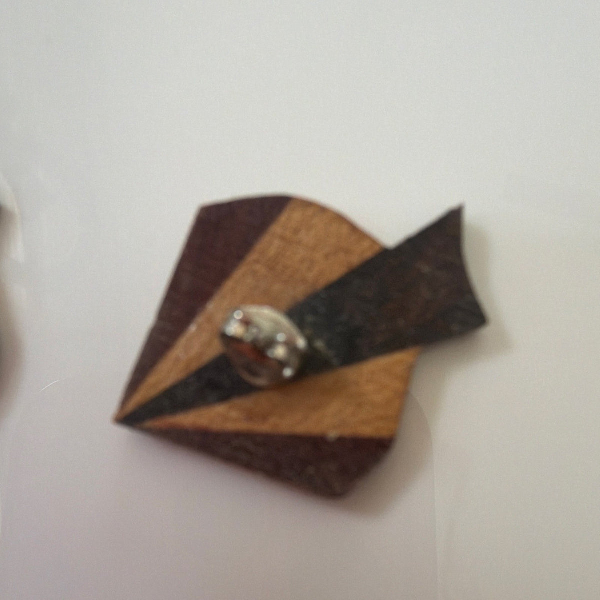 Geometric Art Deco Wood Inlay Asymmetrical Brooch & Earring Set Brown Black 3pc