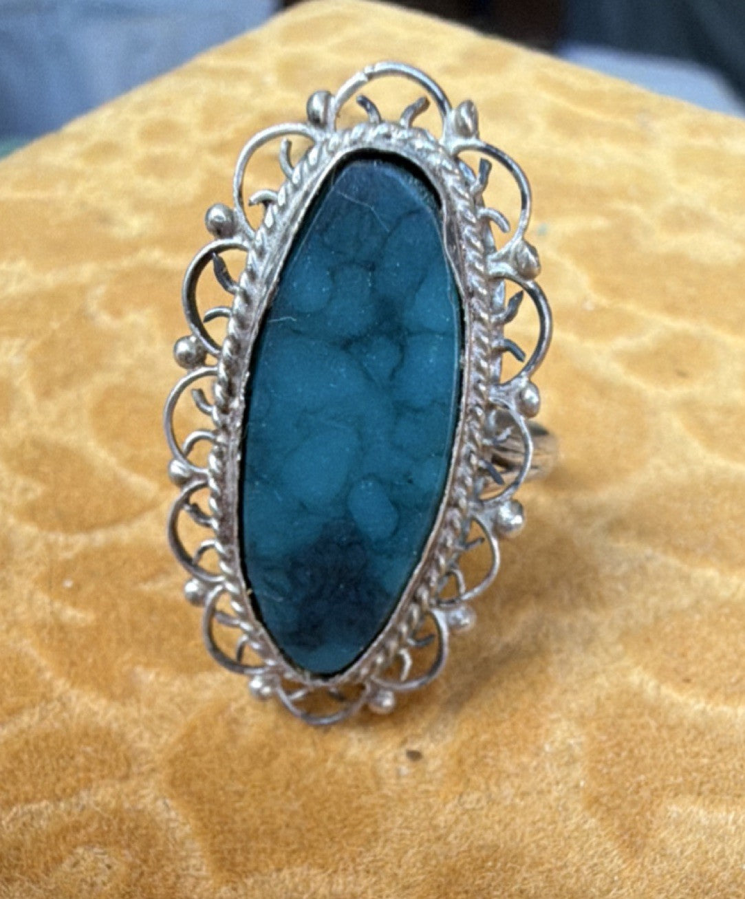 Vintage Sterling Silver 925 Darker Turquoise Oval Scrollwork Setting Ring 6.5