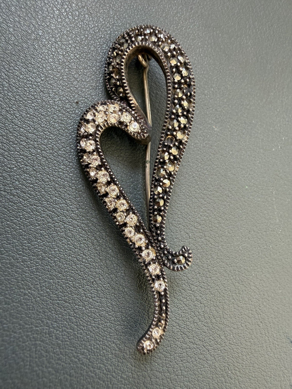 Vintage Heart Love Sterling Silver Marcasite Brooch Pin