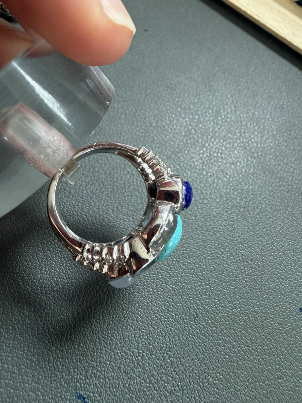 STERLING SILVER 925 NATIVE STYLE BIG TURQUOISE LAPIS MULTI GEMSTONE RING Sz8