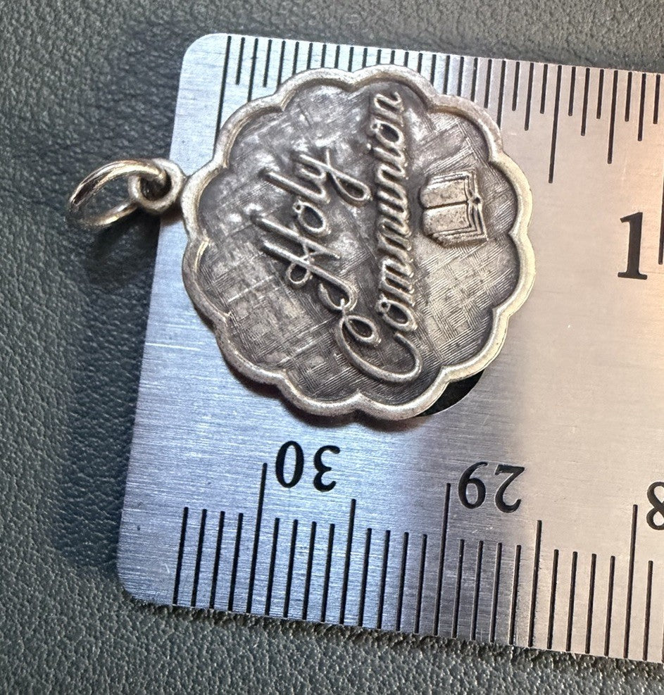 925 Vintage First Holy Communion Scalloped Edges Round Charm Sterling Silver