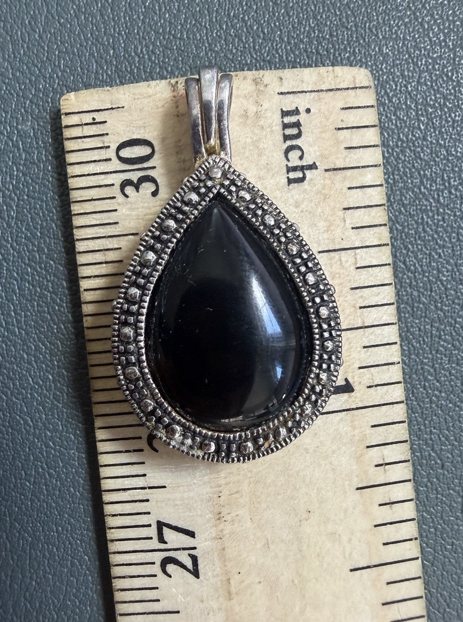 925 Sterling Silver Pendant Teardrop Interchangeable Onyx Stone Marcasite