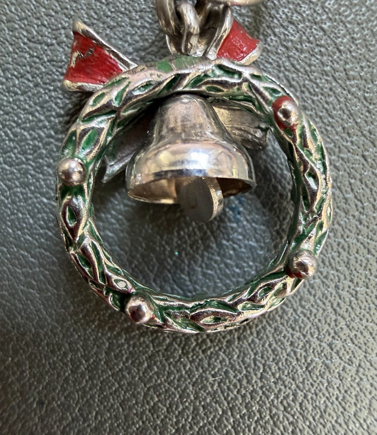 Vintage Sterling Silver Enamel Christmas Wreath With Bell Pendant 3/4”