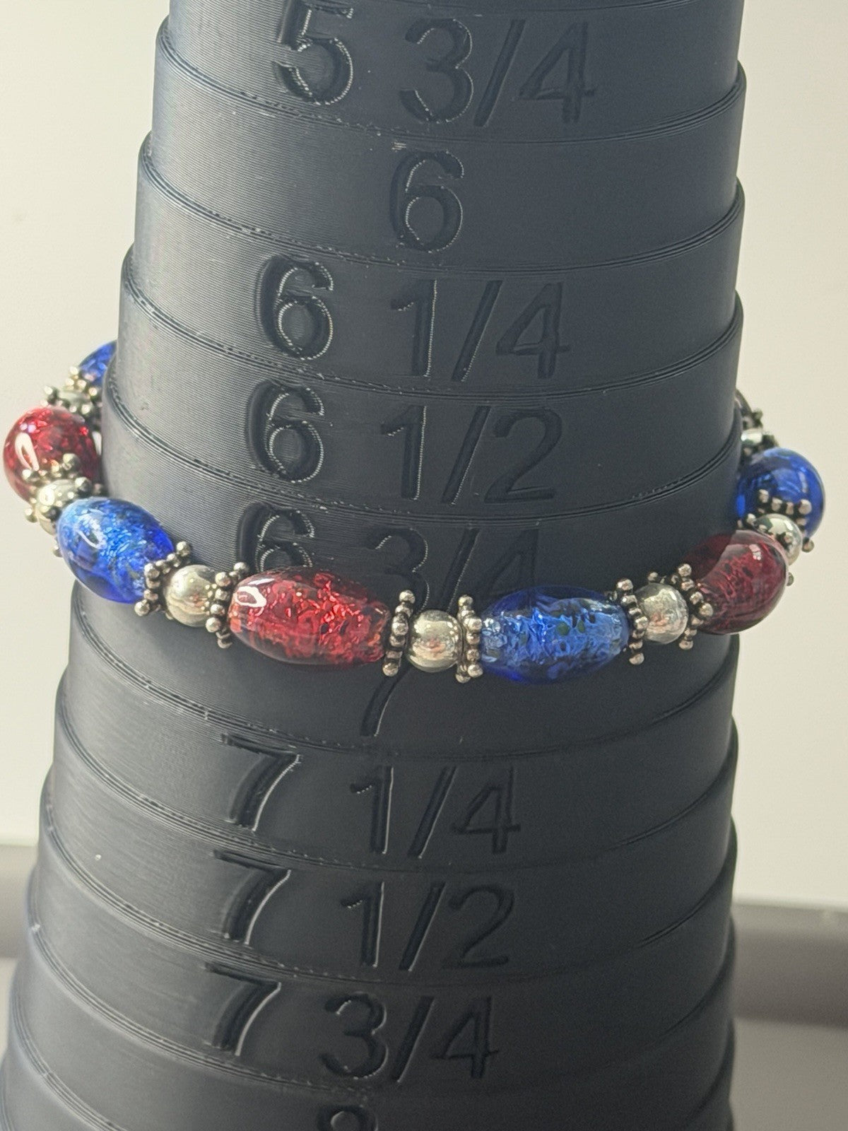 Patriotic USA Red White Blue Art Glass Style Bracelet Sterling Silver Toggle