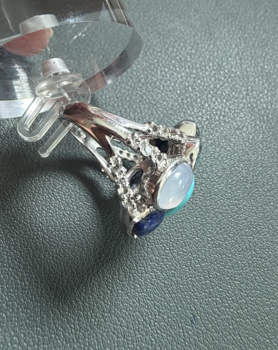 STERLING SILVER 925 NATIVE STYLE BIG TURQUOISE LAPIS MULTI GEMSTONE RING Sz8