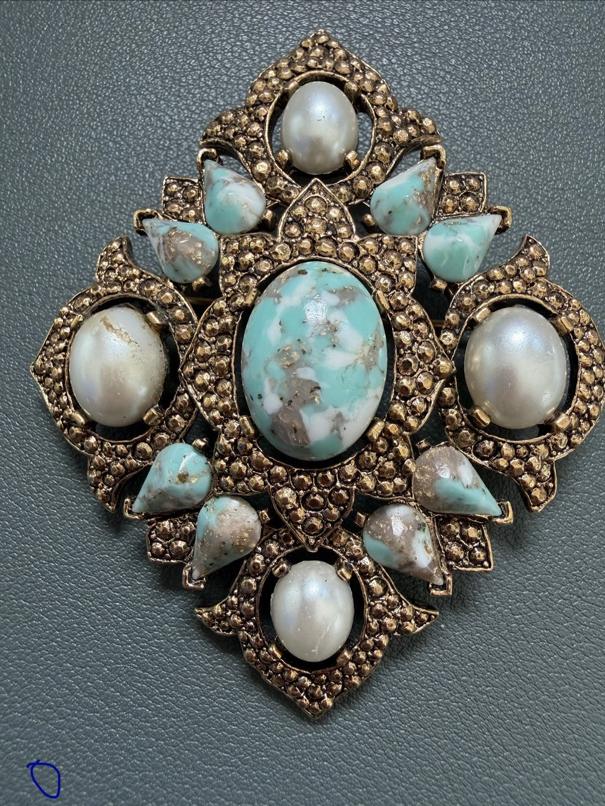 Large Vtg  2.5" Sarah Coventry Gold Tone Brooch Pendant Faux Pearls Turquoise
