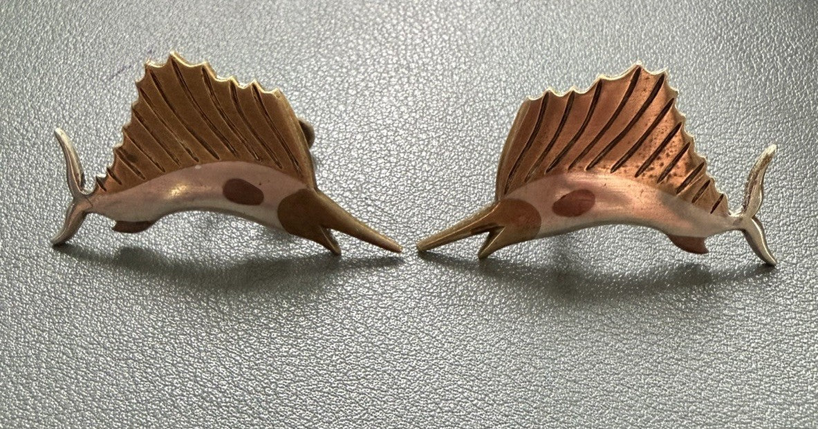 Vintage Taxco Sterling Silver Marlin Sailfish Earrings Two Tone Signed Mexico 