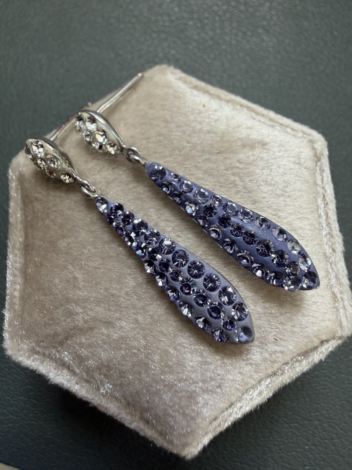 Sterling Silver 925  Drop Dangle EARRINGS vtg Purple White Crystal 1.4" Art Deco