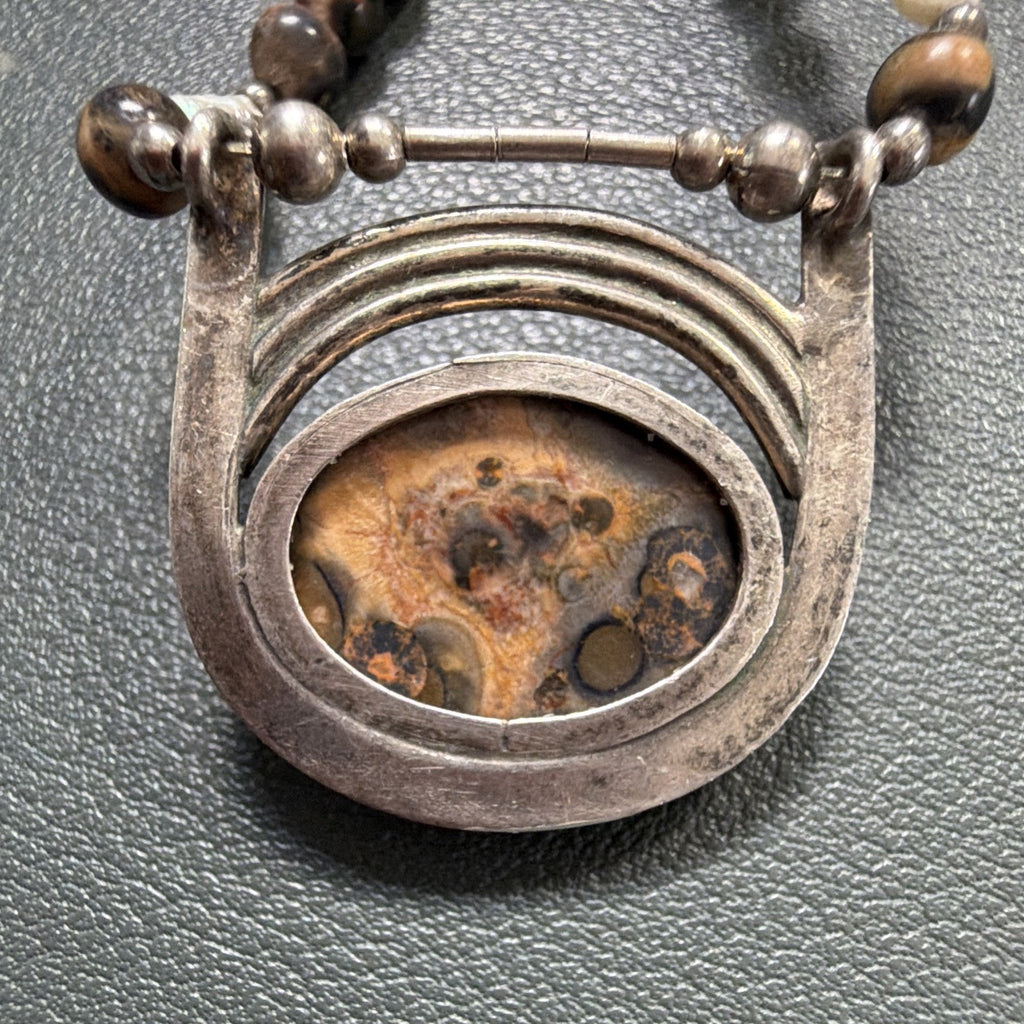 Vintage 925 Sterling Silver Leopard Skin Jasper Pendant Beaded Necklace Artisan