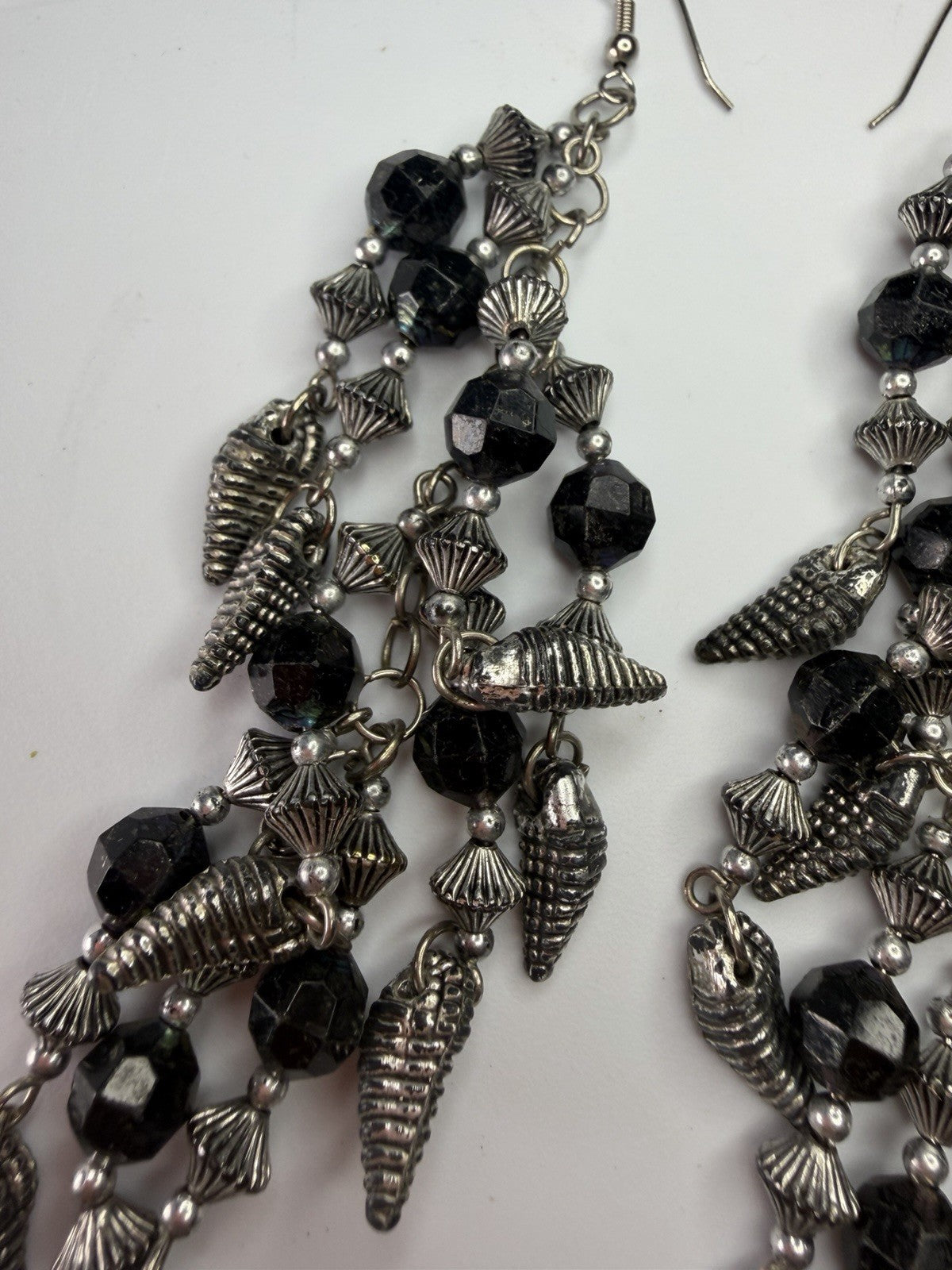 Chandelier Silver Tone Black Bead String Drop Dangle Pierced Earrings -  New