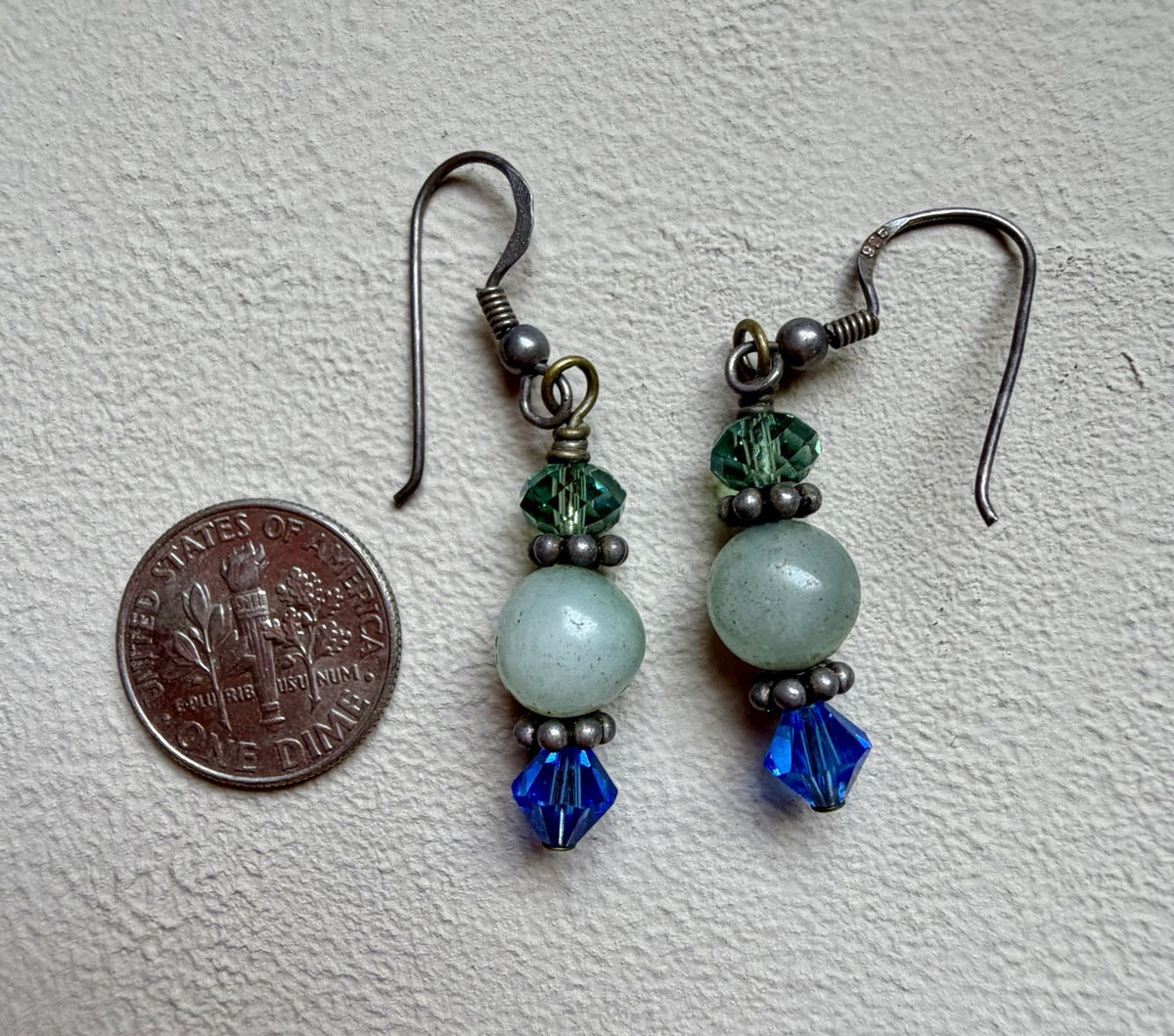 Sterling Silver 925 Beaded Earrings Blue Green Glass & Natural Stone Beads