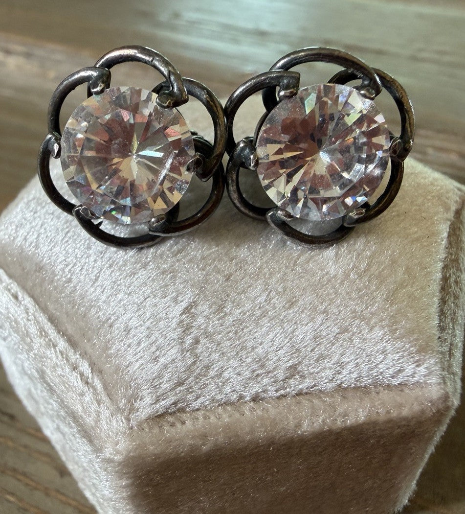 Sterling Silver White Quartz Earrings Floral vintage