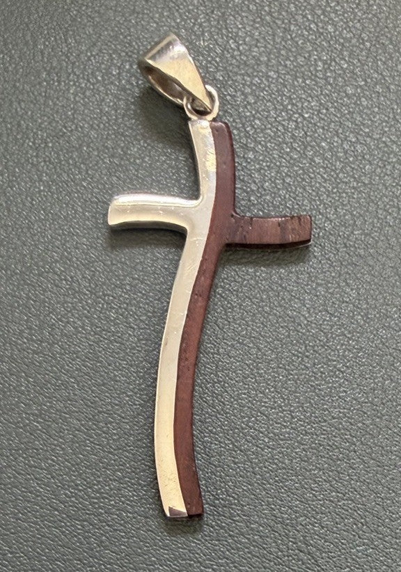 Modernist Sterling Silver And Wood Inlay Cross Pendant Scandinavian Style