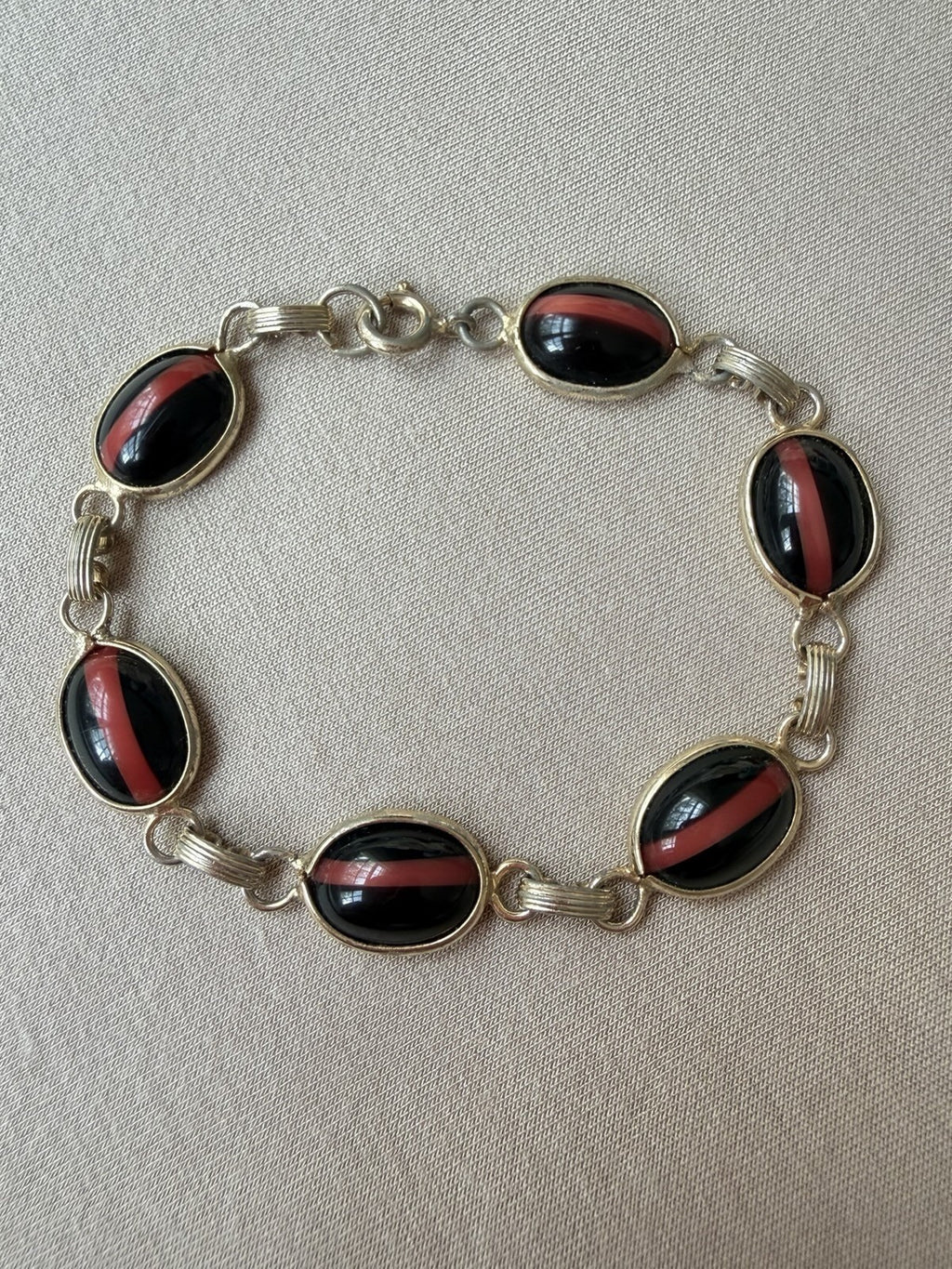 Vintage Bracelet Bezel Set Black & Red Cabochon  Style 1960s