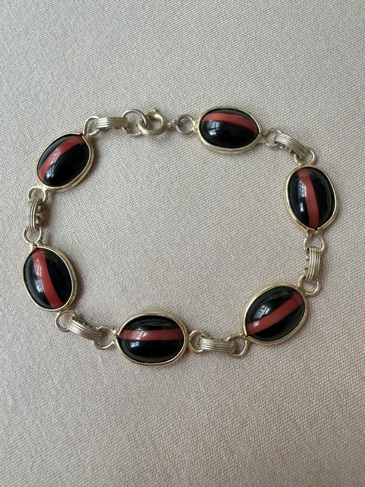 Vintage Bracelet Bezel Set Black & Red Cabochon  Style 1960s
