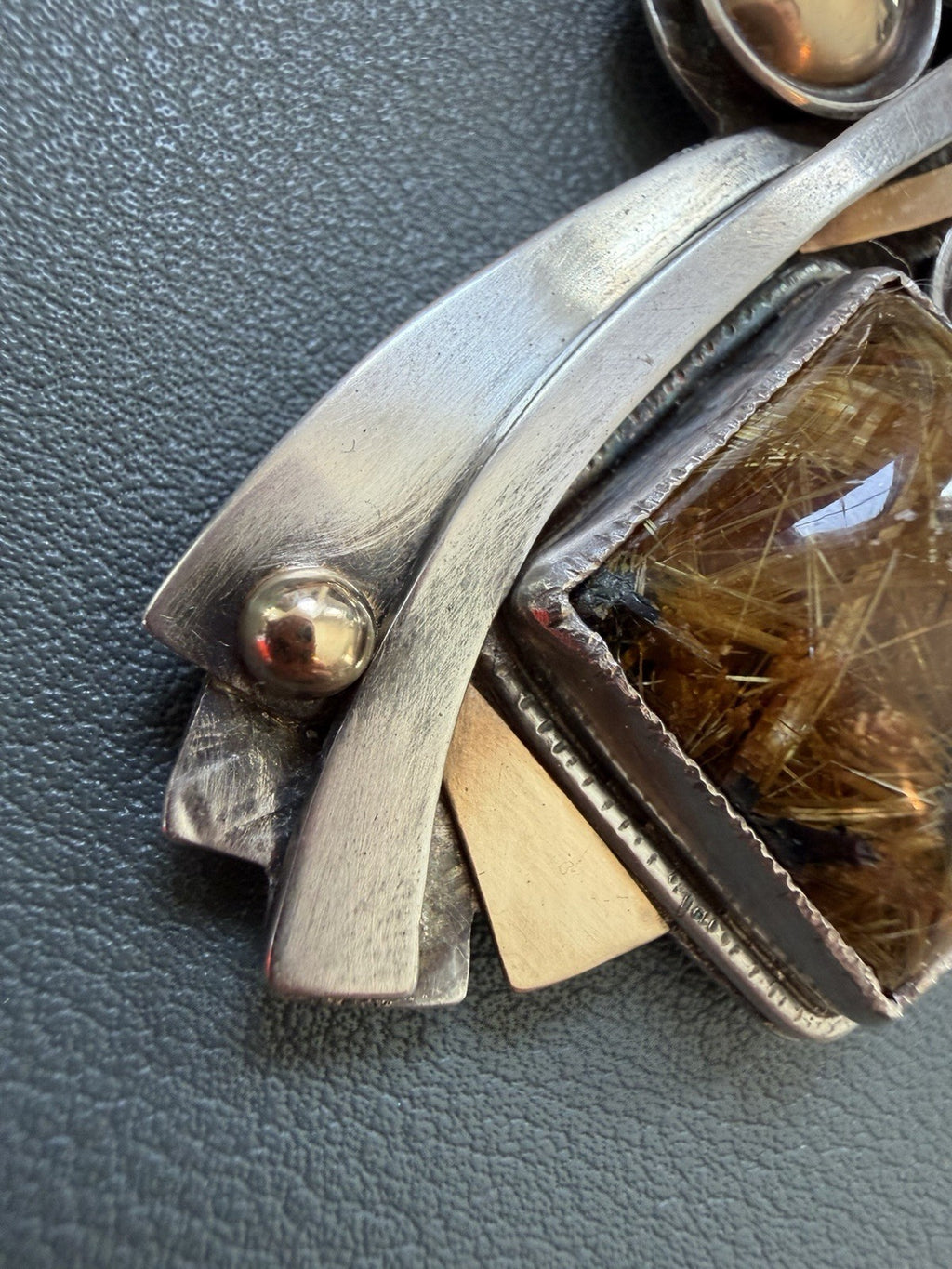 Patricia Karnes Stinson 14K Sterling Silver Rutilated Quartz Brutalist Brooch
