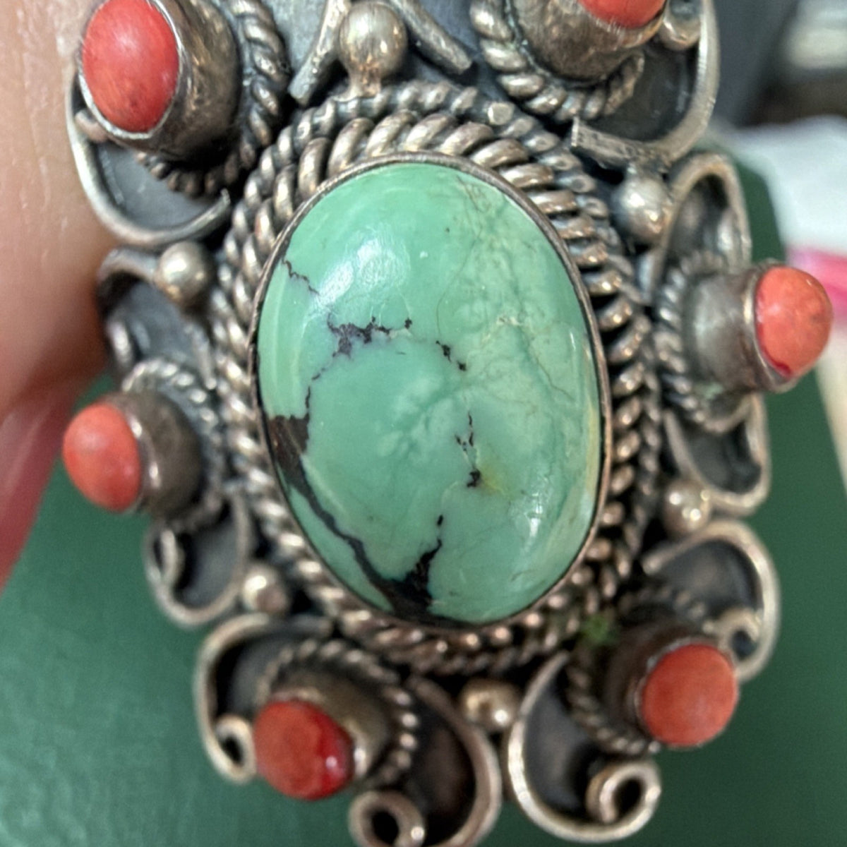 Vintage India 925 Sterling Silver Turquoise Coral Statement Ring Size 6.5