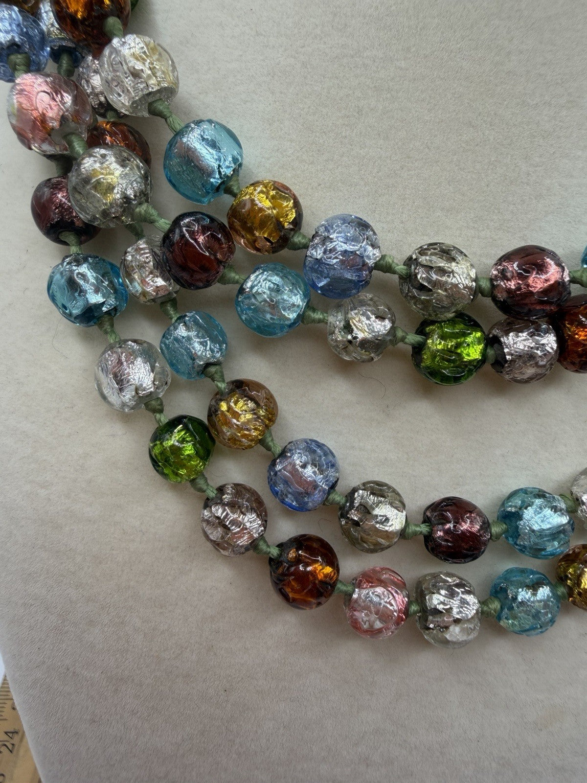 Vintage 48+inch Venetian Murano Art Multi Color Glass Silver Foil Hand Knotted