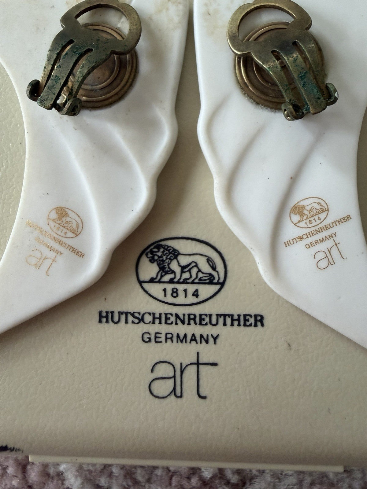 Vintage Hutschenreuther Germany Porcelain Clip On Earrings Modernist Gold Pink