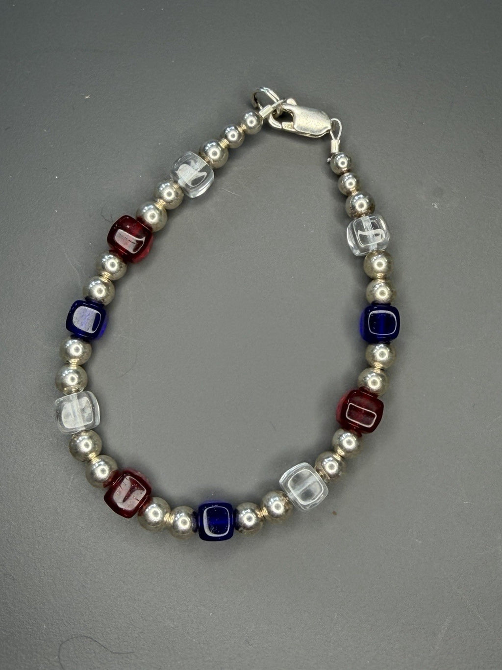 Red White Blue USA Bracelet Glass Beads Cube Sterling Silver Spacers Clasp 6.5
