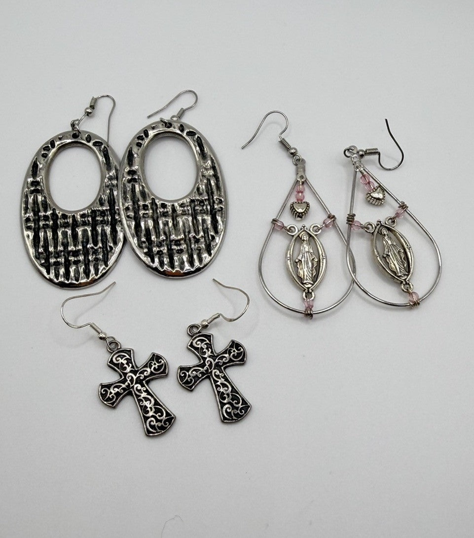 Lot Of 3 Silver Toned Religious Cross Earrings - Bundled