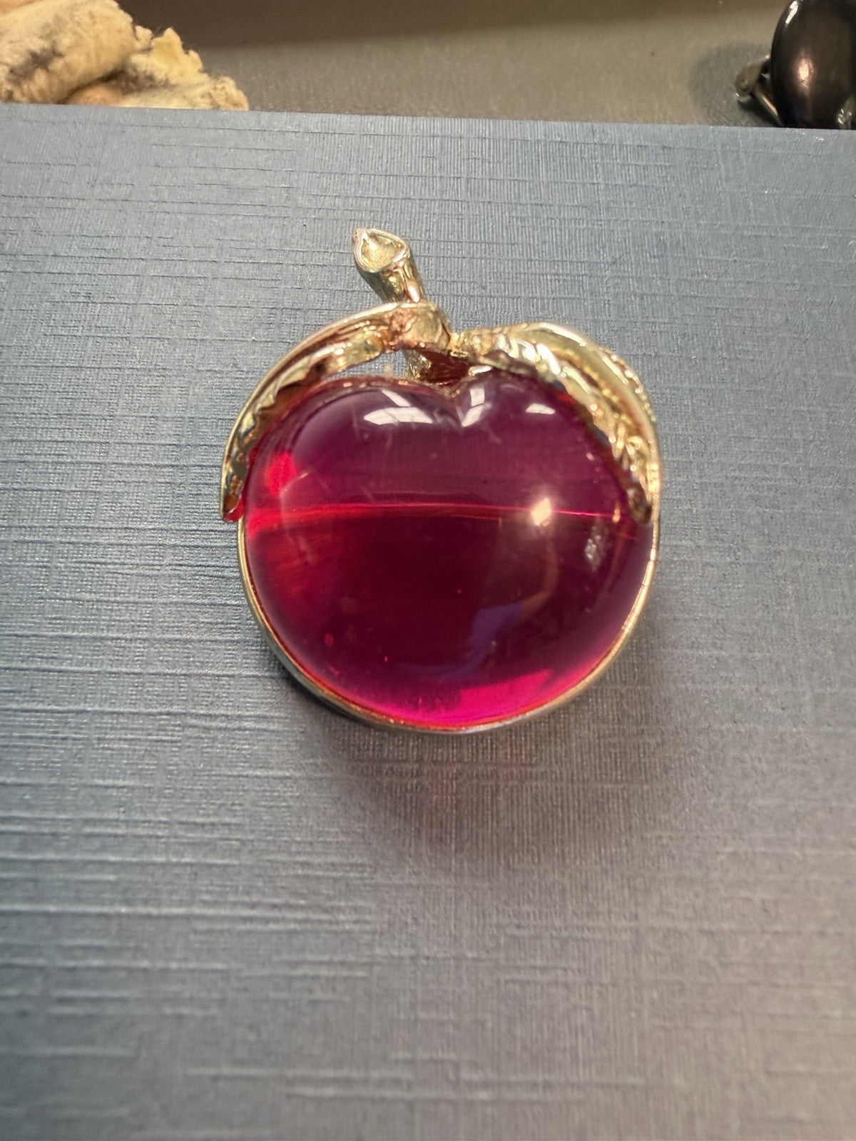 Sarah Coventry Fruit Brooch Pin Apple Peach Designer Figural Lucite (?)