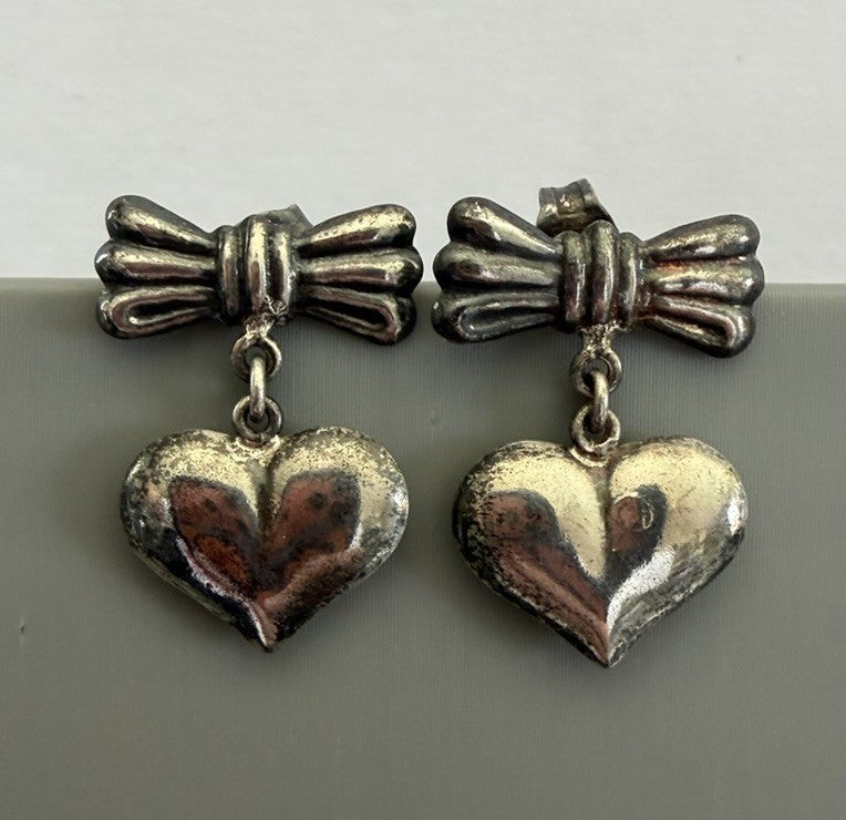 Vintage Adorable 925 Sterling Silver Hearts & Bow Dangle Puffy Earrings