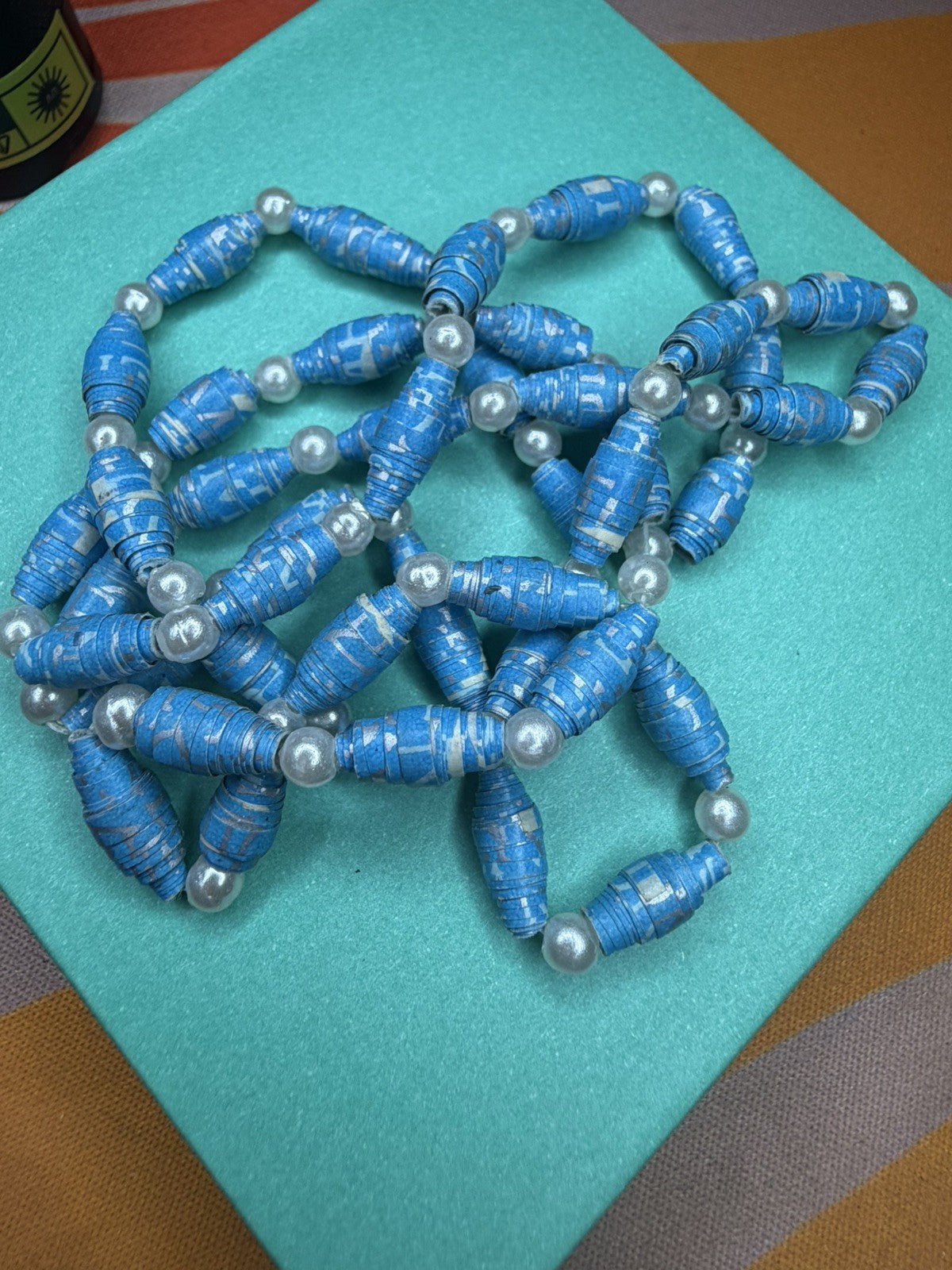 Vintage Blue Wrapped Paper Beaded Necklace With White bead accents 24inch