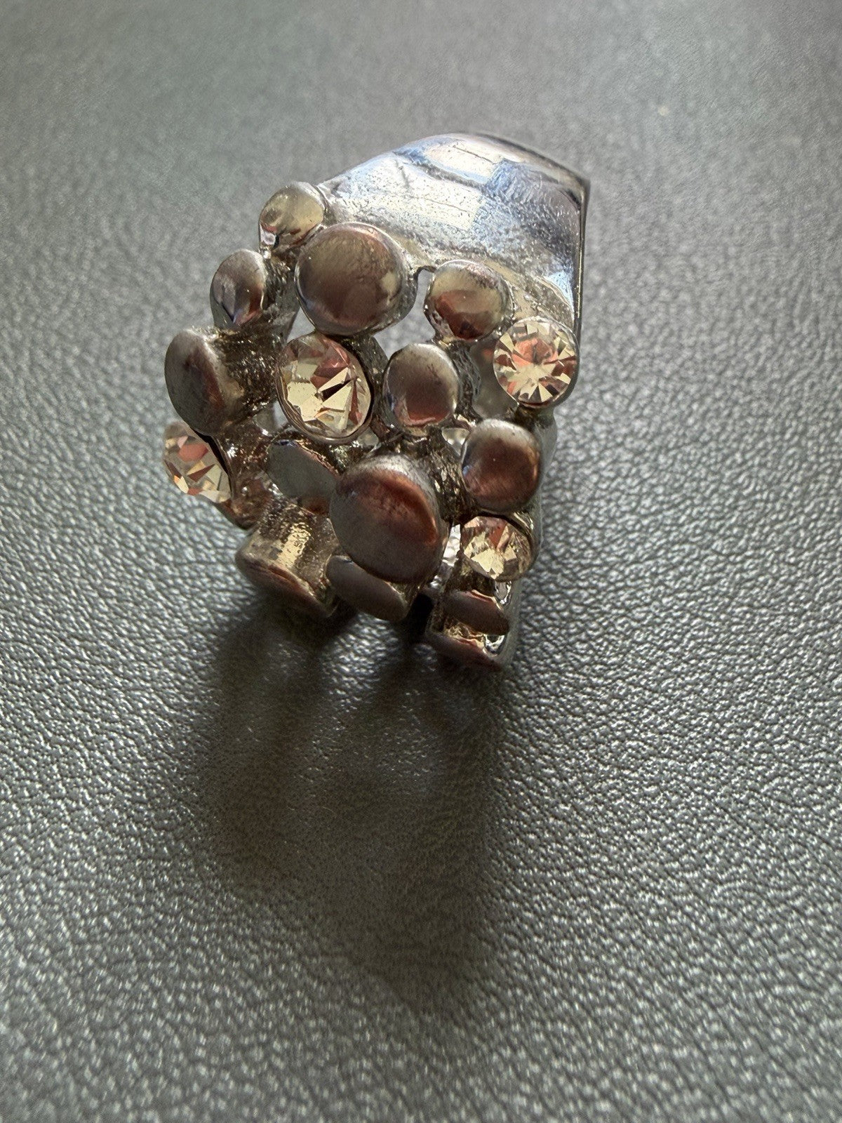 Silver Tone Cluster Cocktail Ring White  Crystal Rhinestone Size 7.25