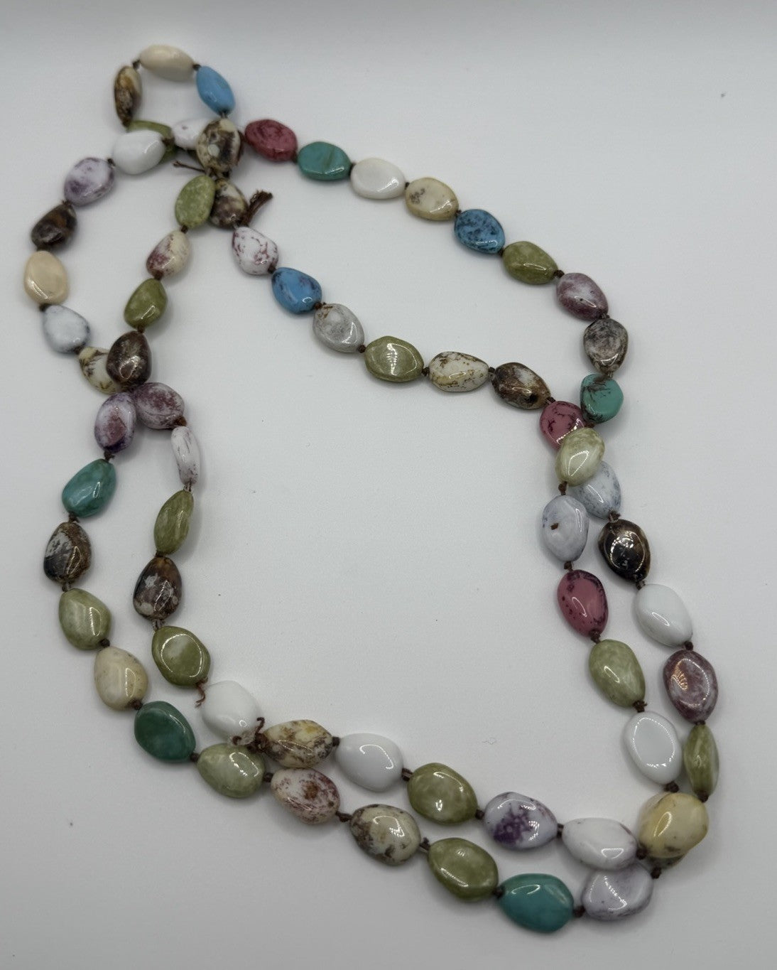 Beautiful Multi-Color Glossy Coated Rock Stone Bead Necklace Very Long 35+Inch