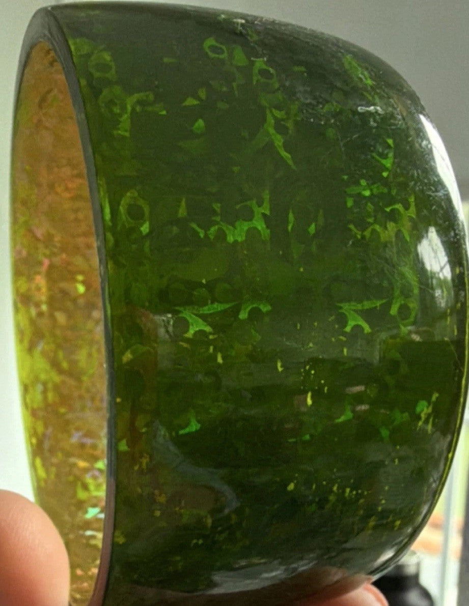 Vintage Wide Green iridescent Bangle Bracelet glitters and shines