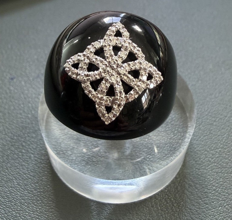 Stunning 925 Sterling Silver Black Onyx And Pavé Diamond Dome Ring Deco Style 7