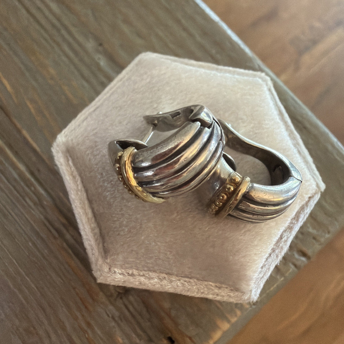 Vintage 18K Gold Sterling Silver 925 Ribbed Huggie Hoop Earrings Signed 7.8g