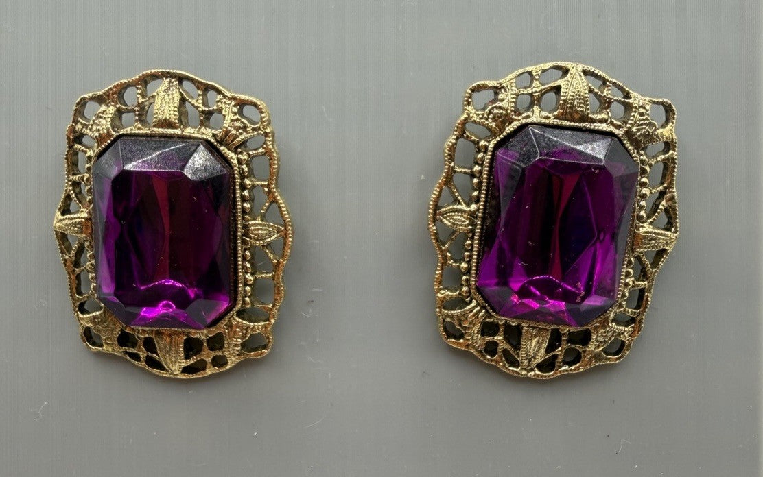 V 1928 Co. Earrings Faceted Purple Amethyst Rhinestone Gold Tone Art Deco Style
