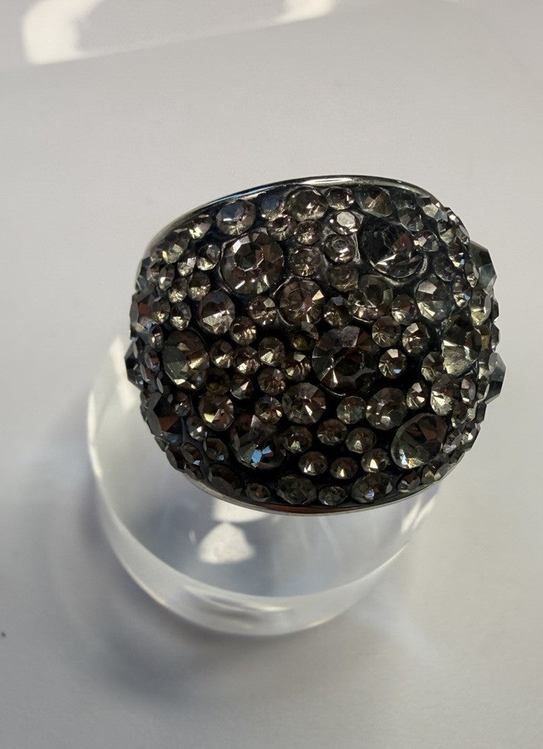 Large Domestyle cocktail ring Pave Set dark grey crystals Signed Stainless Steel