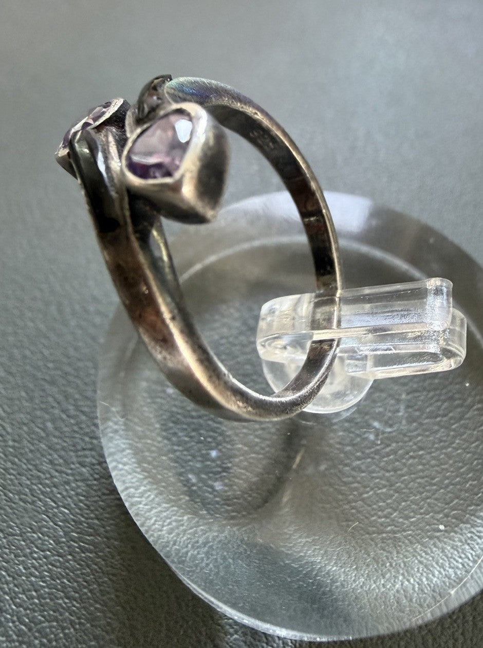 Sterling Silver 925 Amethyst Hearts & Black Inlay Wrap Bypass Ring Size 7.75