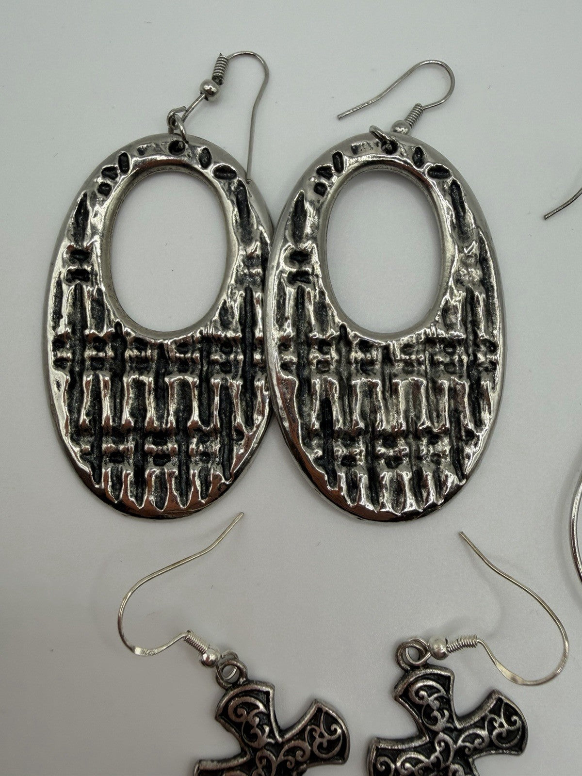Lot Of 3 Silver Toned Religious Cross Earrings - Bundled
