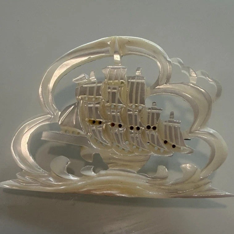 Vintage Carved Mother of Pearl Sailing Ship Brooch MOP Nautical Pin