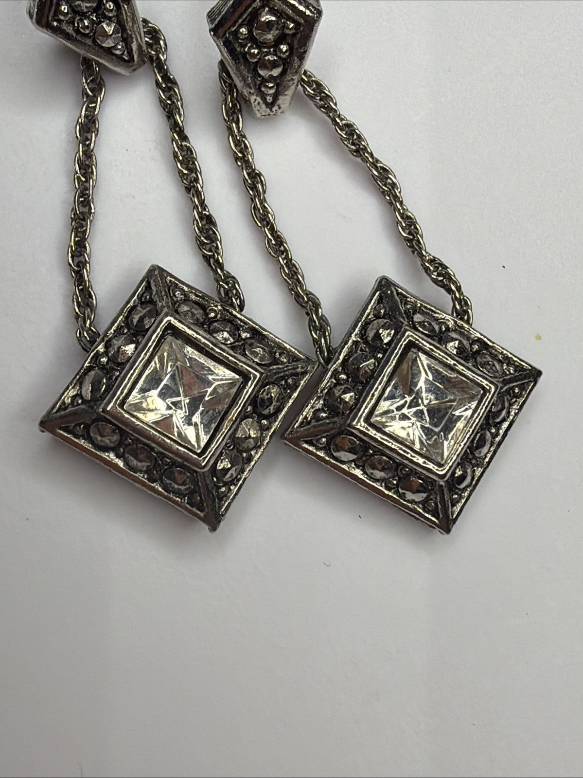 Vintage Avon Earrings Silver Tone Clear Stone Marcasite Dangle Square Pierced